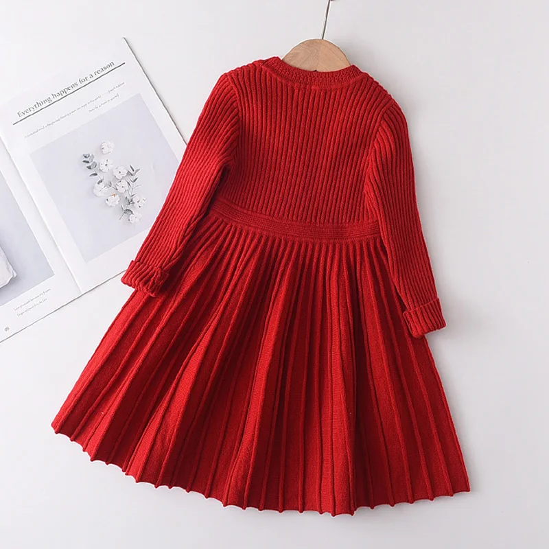 New Year's Red Long Sleeve Sweater Dress Girls Princess Baby Girl Clothes Sweet Tutu Party Dresses Christmas Little Girl Clothes