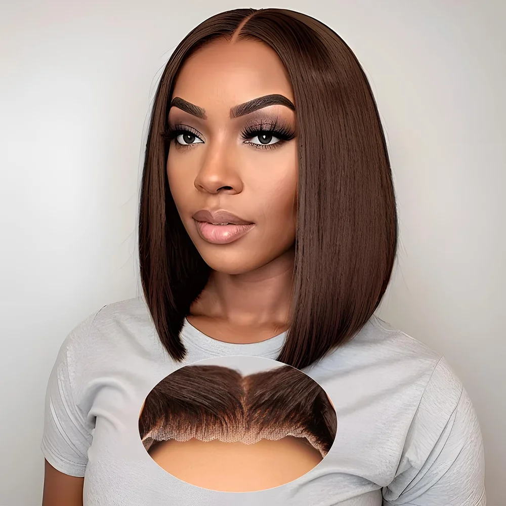 # 4 Straight Bob Perücke Schokoladenbraun Echthaarperücken 13x4 Transparente Lace Frontal Perücke Brasilianisches Echthaar Glatt Lace Frontal Echthaar Brasilianische Bob Perücken Kurze Bob