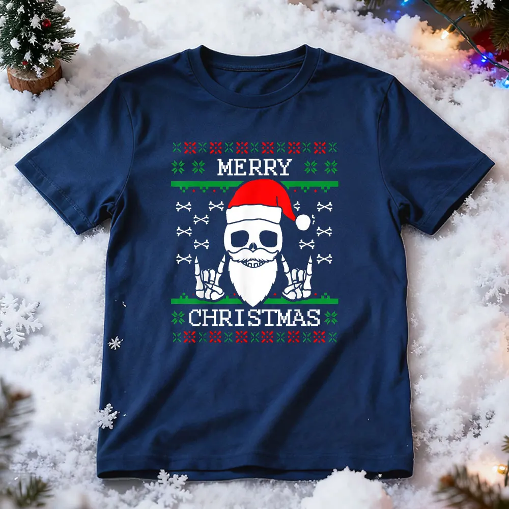 ゴシック クリスマス アグリー スカル ロック クリスマス Tシャツ ゴシックスタイル サンタクロース グラフィック プリント メンズ 半袖 ストリートウェア Tシャツ