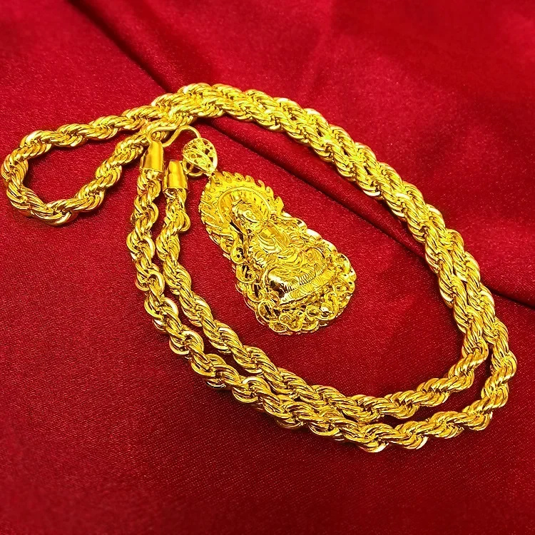 18K gold necklace for men and women, fashion accessories, Maitreya Guanyin pendant, security hemp rope necklace au750