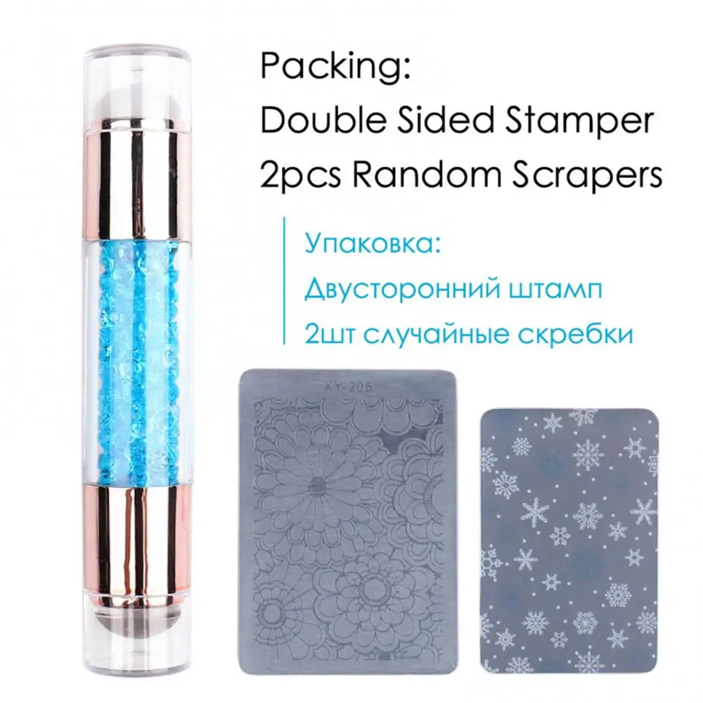 4Pcs Double Sided Nail Stamper Stamping Plate Set Silicone Stamper Crystal Handle Stamp Random Template Easy Print Stamper Kit*-