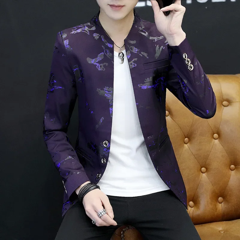HOO 2024 Men\'s Spring New Fashion Printed Stand Collar Suit Slim Youth Leisure blazer