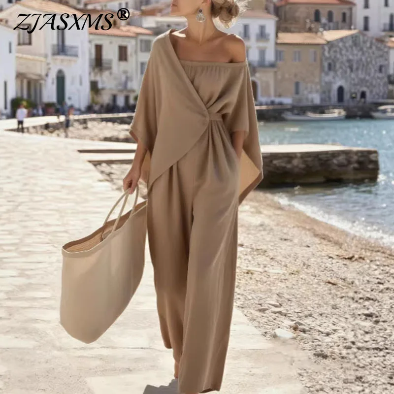 

Элегантный новый комбинезон с открытыми плечами и вырезами, женский, с рукавами «летучая мышь», на завязках, с широкими штанинами, весенний, повседневный, однотонный