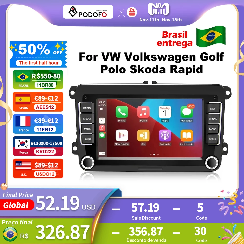 Podofo Android 11 Dla VW Volkswagen Golf Polo Skoda Rapid Octavia Radio Tiguan Passat b7 Jetta 2 Din Auto Carplay GPS Radio128G