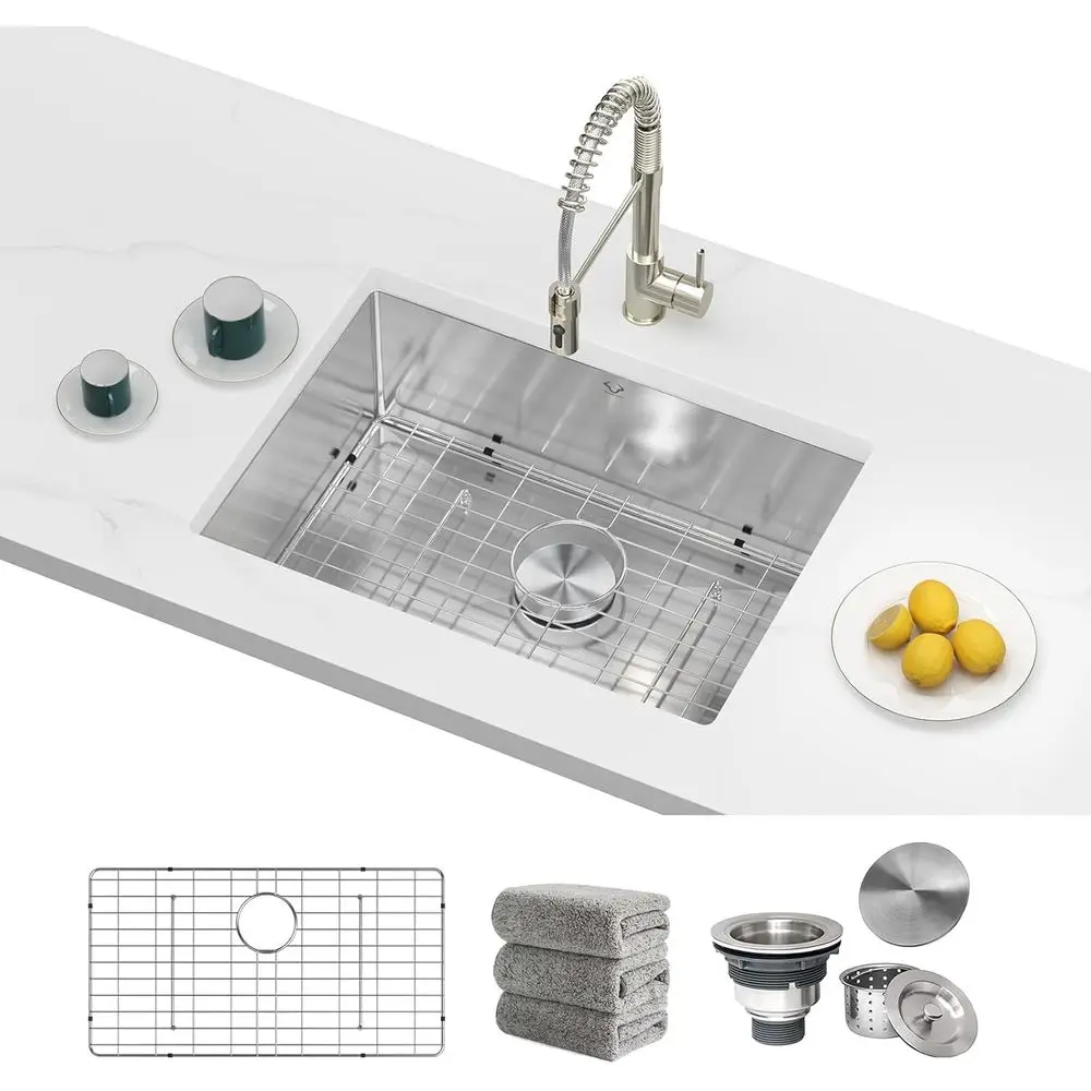 

Кухонные мойки 23x18 дюймов, встраиваемые под столешницу, из нержавеющей стали, 16-го класса толщины, одинарная чаша, комплект (5 предметов: мойка, донный клапан и др.)