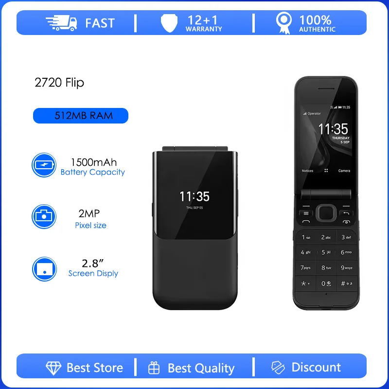Teléfono Móvil Reacondicionado Original 2720 Flip 4G 2019, Doble SIM, Desbloqueado, 1500mAh, 2MP, Teclado Ruso, Árabe, Hebreo, Hecho en Finlandia