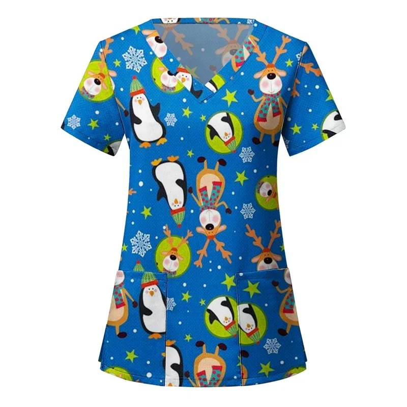 Christmas-themed medical printVCollar Short SleeveTWomen's medical workwear pet hospital nurse uniform
