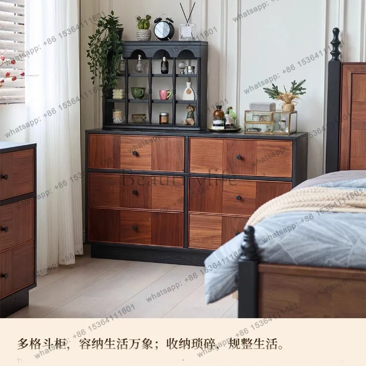 XX. Medium and ancient style solid wood small apartment bedroom, bedside drawer cabinet, French retro storage side cabinet