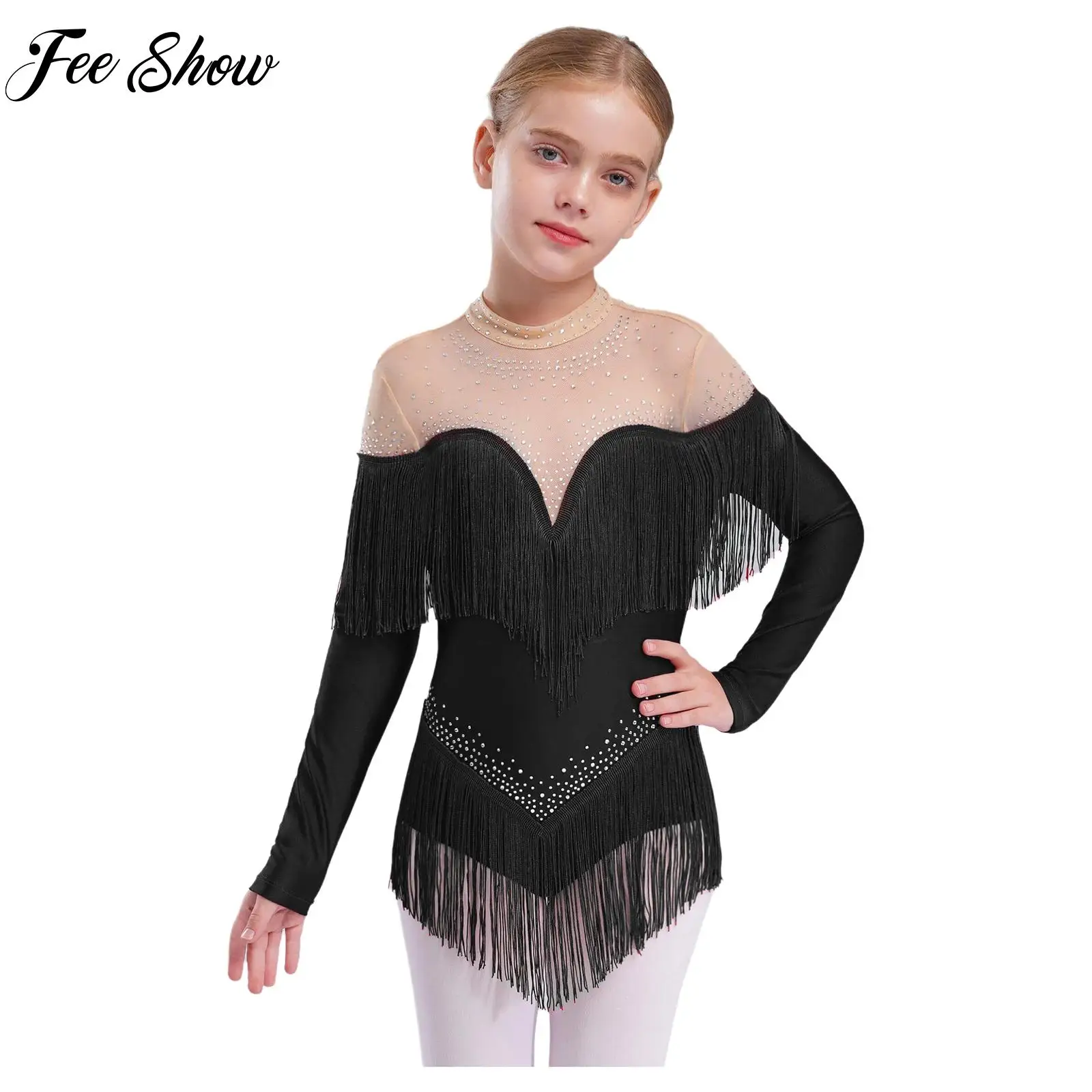 

Kids Girls Latin Dance Leotard Dress Figure Skating Tango Cha-Cha Performance Costume Rhinestone Mesh Tassel Bodysuit Dancewear