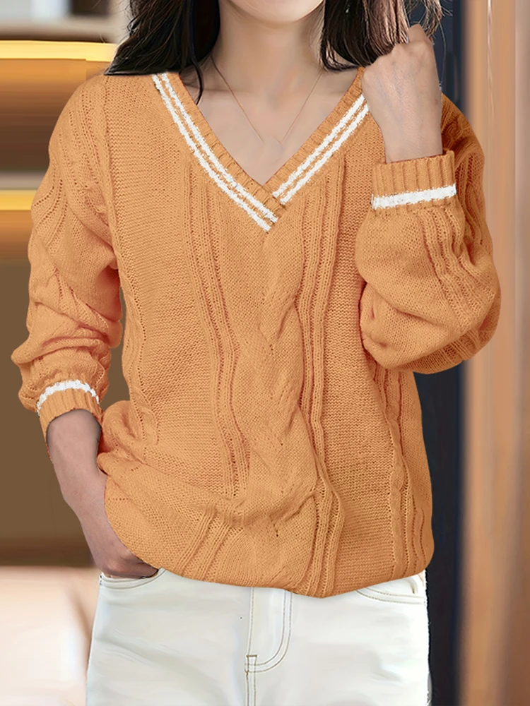 

ZANZEA, осенние стильные женские свитера, зимние джемперы, вязаные пуловеры с v-образным вырезом и длинными рукавами, модный лоскутный свитер оверсайз 2025