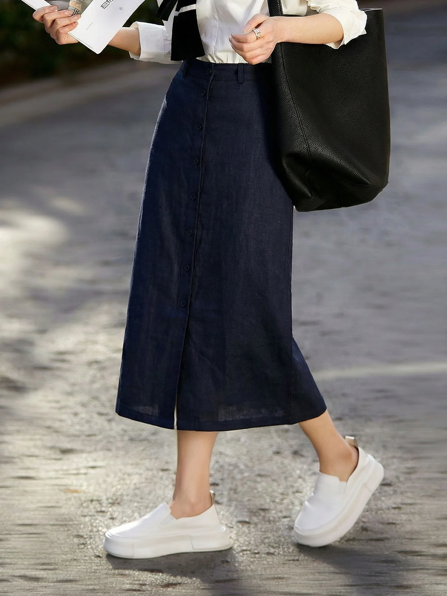 

High Waist Single Button Linen Midi Skirt Women's Spring Summer Slimming Versatile A-Line Skirt Commute Simple Sle