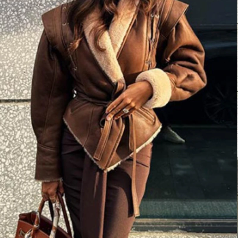 Women Sheepskin Neck Spliced Faux Leather Coat With Belt Fashion Loose Lapel Pocket Overcoat Lady Winter Warm Thicken Streetwear
