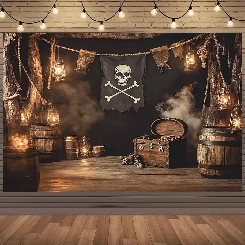 1-Piraten-Hintergrundtuch – Totenkopf und Knochen, Schatztruhe, Eimerlaterne – strapazierfähiges Polyestermaterial, Geburtstagsfeier