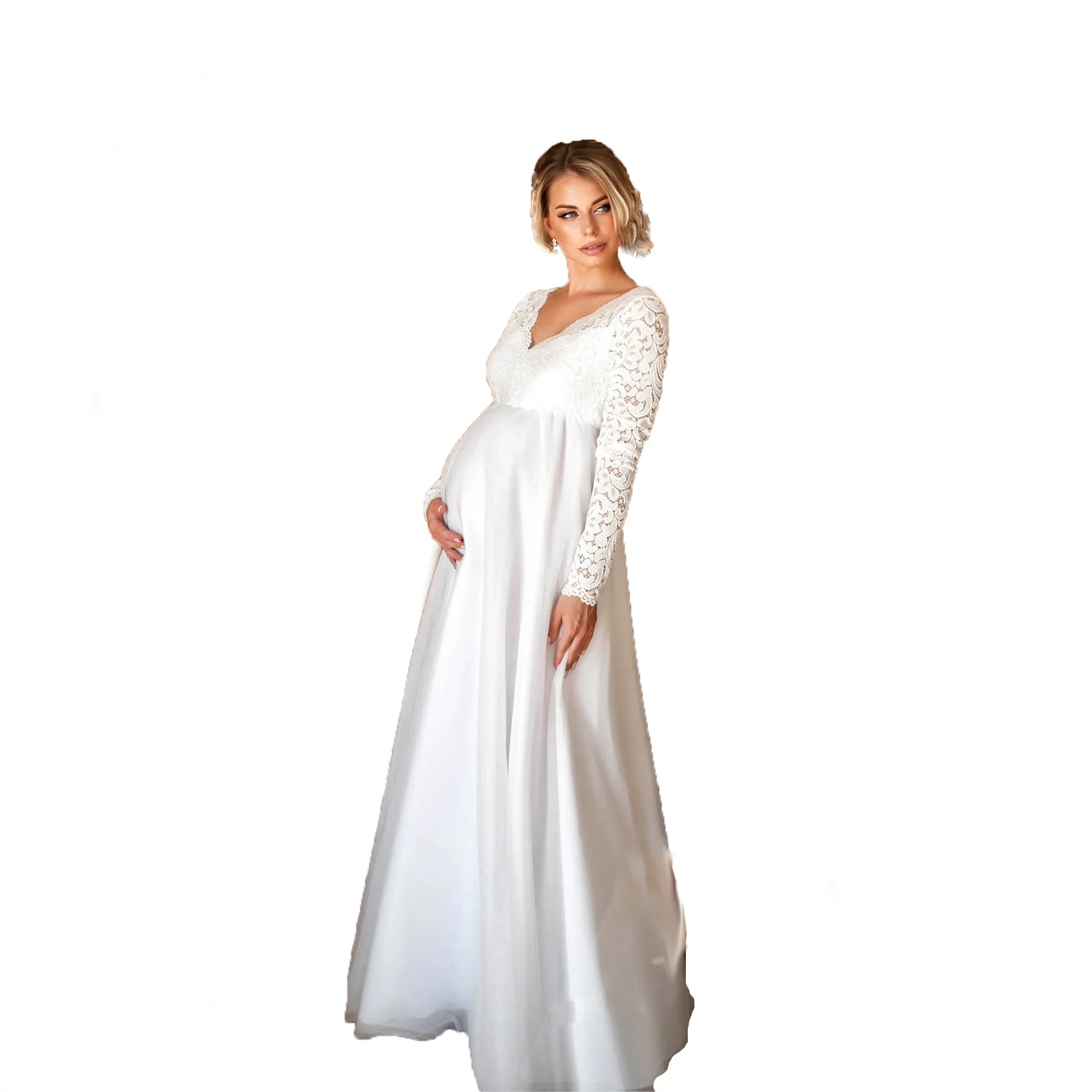 European and American Long-sleeved Lace Splicing Pregnant Women Sexy Loose Trailing Dress Long Dress Pregnant Women Dress