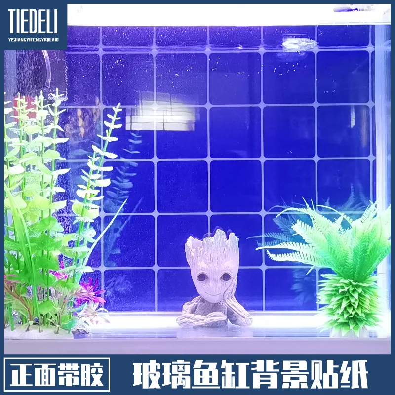 Mosaic Blue Plaid Aquarium Sticker White Fish Tank Background  Sticker Black Seafood Pool Background Sticker