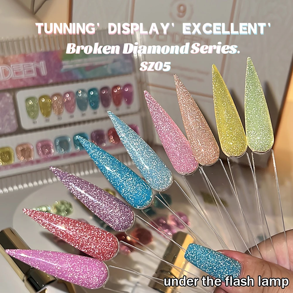 Vendeeni 9 Farben/Set Glitzer-Broken-Diamond-Gel-Nagellack UV LED Soak-Off Gel-Lack Grün Lila Rot Flash Gel mit Display – Detail 23