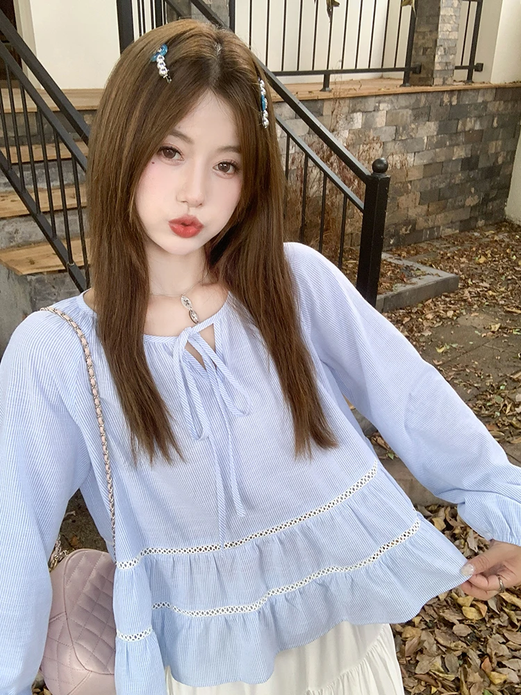 

Свободный женский повседневный топ в полоску Long Sve Irt Lantern Sve Korean Sle Blue Cheered ранней осени от Zeng Xiaoxian