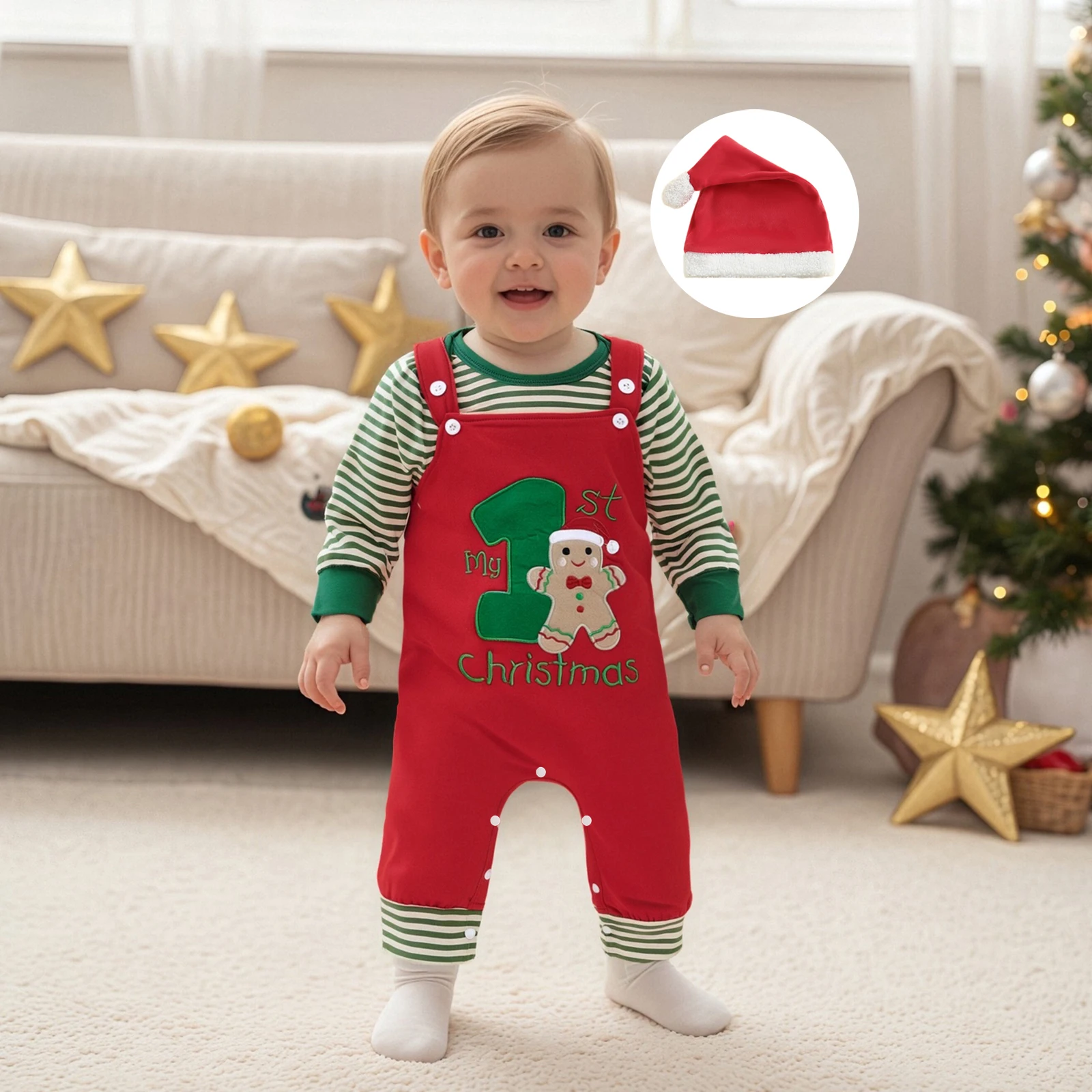 Vêtements pour bébé garçon, barboteuse à manches longues, rayures de noël, broderie de chiffres, pantalon et chapeau, tenue 3 pièces, vêtements pour nouveau-né