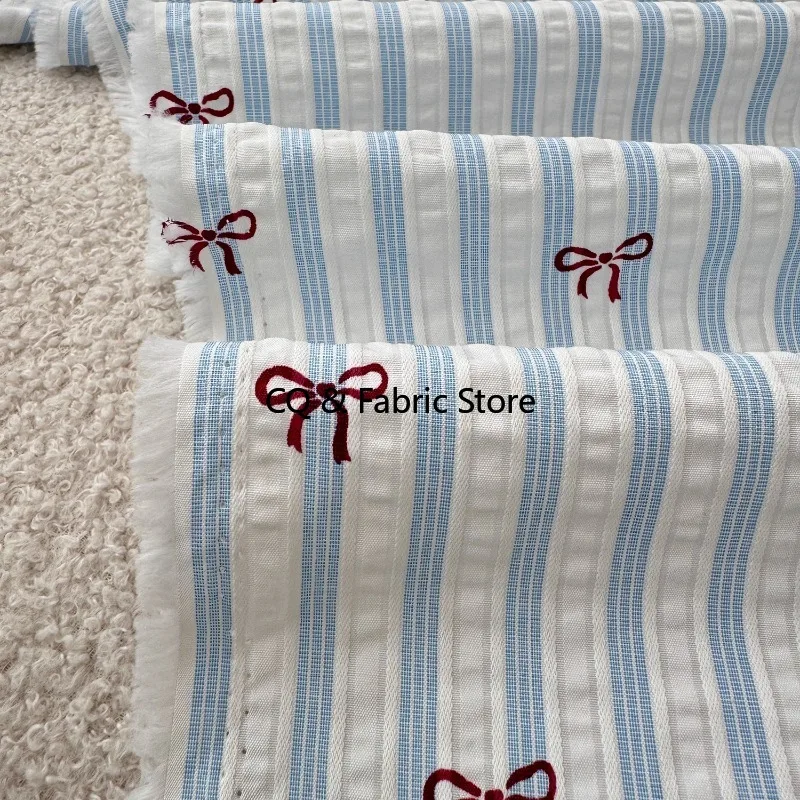 Ins Coreano Stripe Bow Design Tessuto di cotone poliestere Camicia elegante da donna Materiale di stoffa per bambini al metro