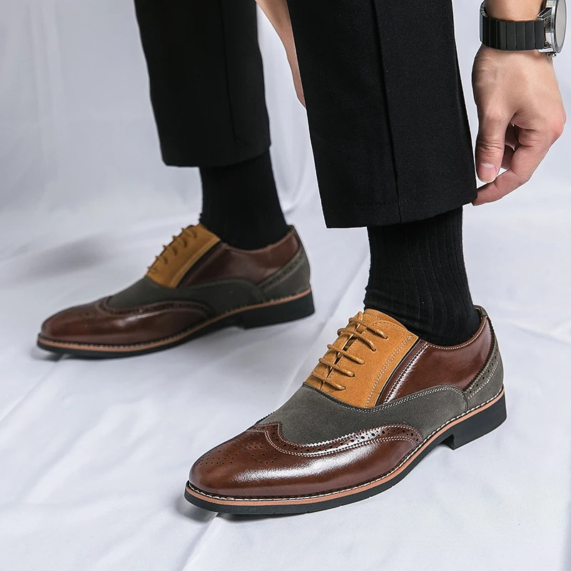 Men Retro Block Shoes in Black Brown with Patchwork Straps for Business Fashion and Carved Formal Wear Sizes 38-48 Men Shoes