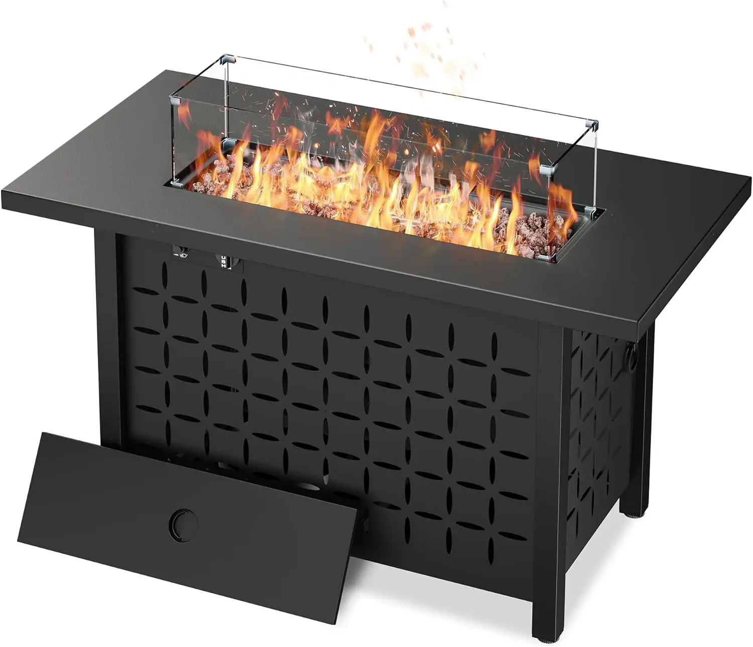 43 inch Gas Fire Pit Table, 50,000 BTU Outdoor Rectangular Propane Firepit Table with Lid, Glass Wind Guard, Lava Rock