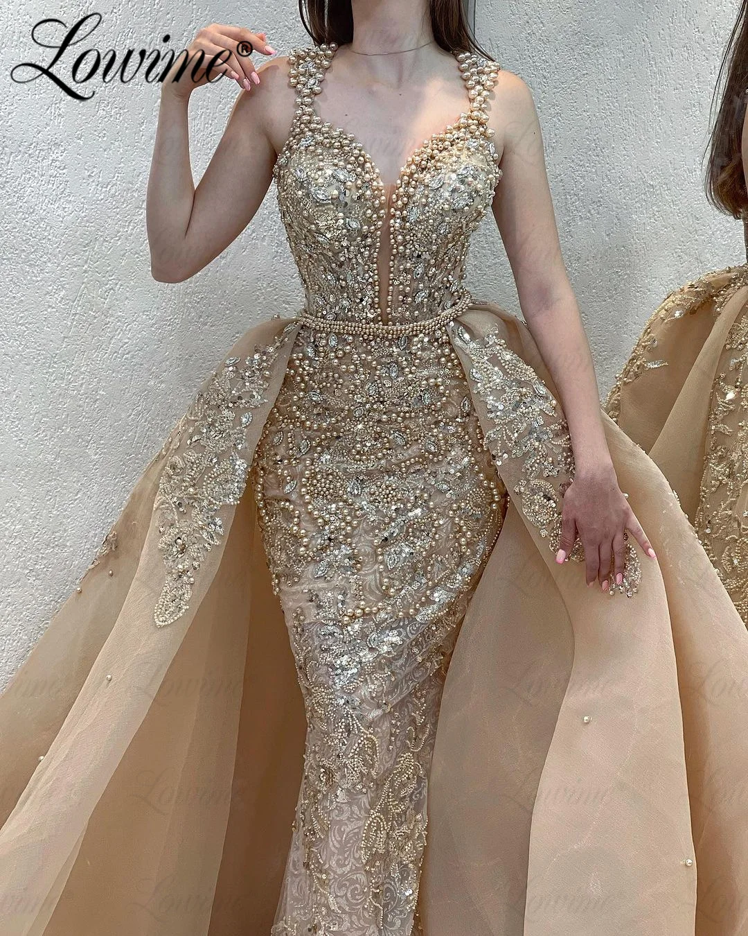 Champagne Beaded Formal Occasion Arabic Evening Dresses Robes De Soirée 2024 Couture Detachable Skirt Sequins Crystal Prom Dress