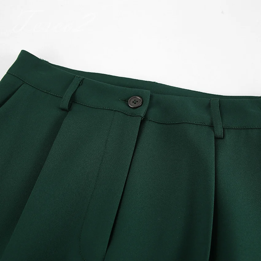 Tesco-Ensemble 2 Pièces Vintage Vert Foncé pour Femme, Pantalon à Jambes Larges en Fibre, Tenue de Bureau Assortie, Nouvelle Collection Été