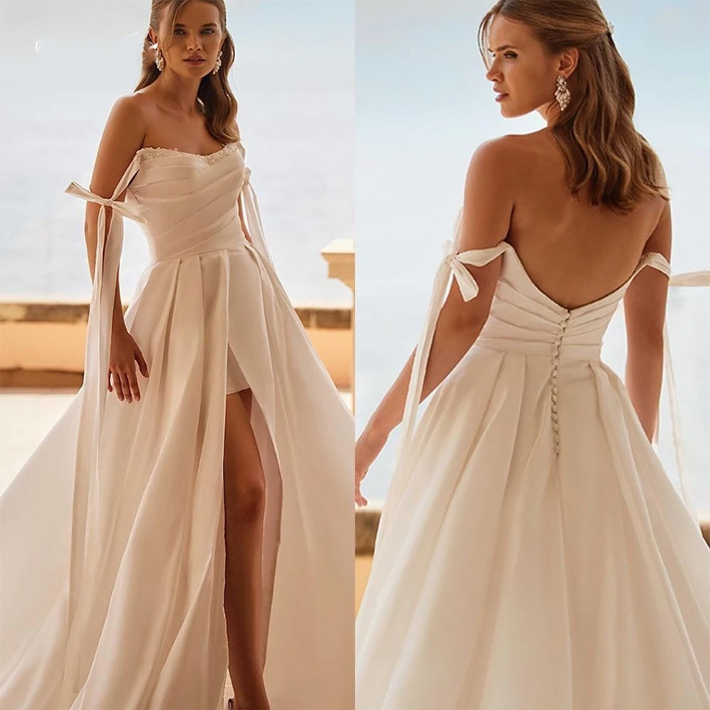 

Morden Lace Sweetheart Satin Wedding Dress Button Tiered Open Back Side Split Long Dress Customize To Measures Robe De Maries