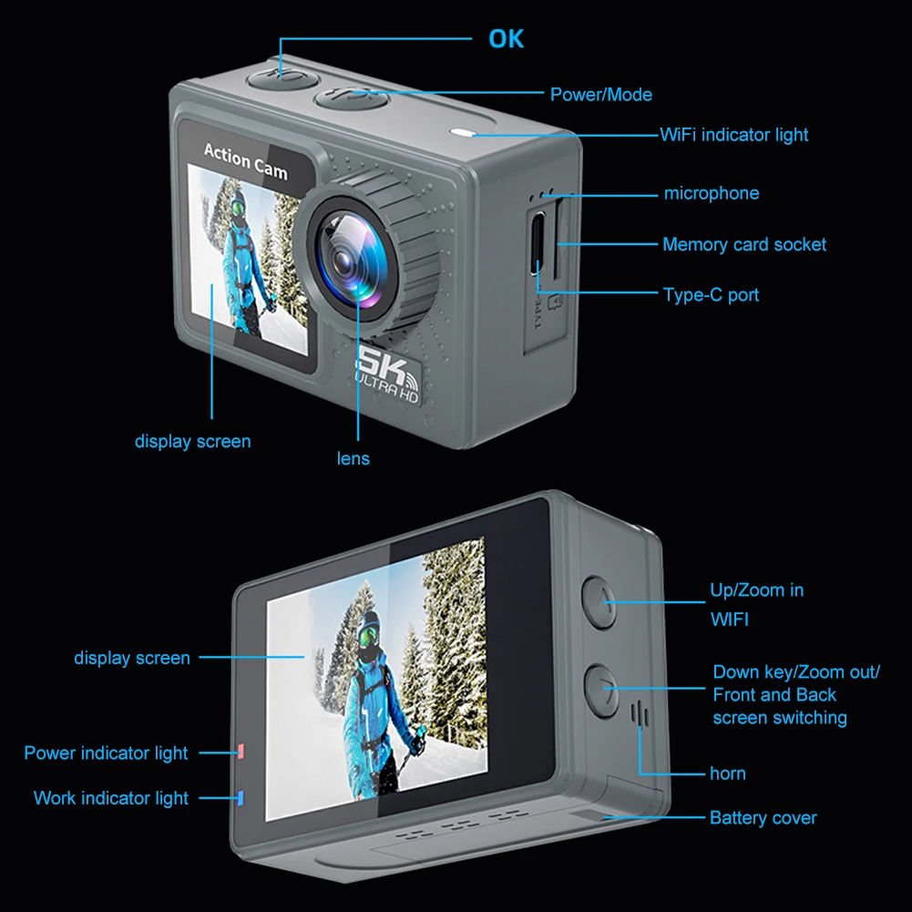 

5K 4K 60FPS Action Video Cam Dual Screen WIFI Outdoor Cycling Camera 170° Wide Angle Diving Mini DV Camera with Remote Control