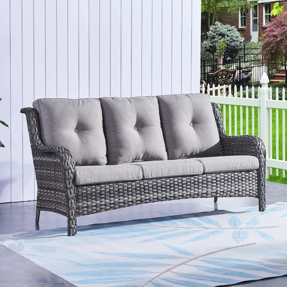 

Outdoor Couch Wicker Patio Sofa - 3-Seater Rattan Patio Furniture Conversation Sofas with Deep Seating and Comfortable Cushions