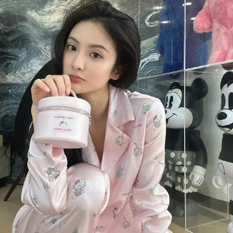 Sanrio Hello Kitty Mr. Plush Pajamas Set Cartoon Summer Ice Silk Long Sleeve Homewear Anime Comfortable Nightwear Cute Girl Gift