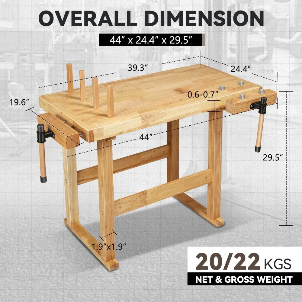 Workbench Rubber Wooden Work Bench with Open Space and Adjustable Rotating Handles Hardwood Workbench for Garage, Workshop