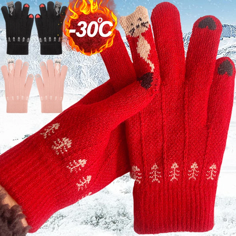 

Winter Gloves for Women Cute Cartoon Cats Gloves Full Finger Knitted Mittens Men Gloves Outdoor Cycling Winter Gloves 1 Pair