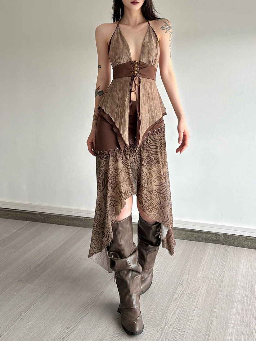 Sisjuly Summer Women's Long Skirt Set Lightweight Sheer V-Neck Strap Design Split Bohemian Style Fashionable Two-Piece Outfit view 4