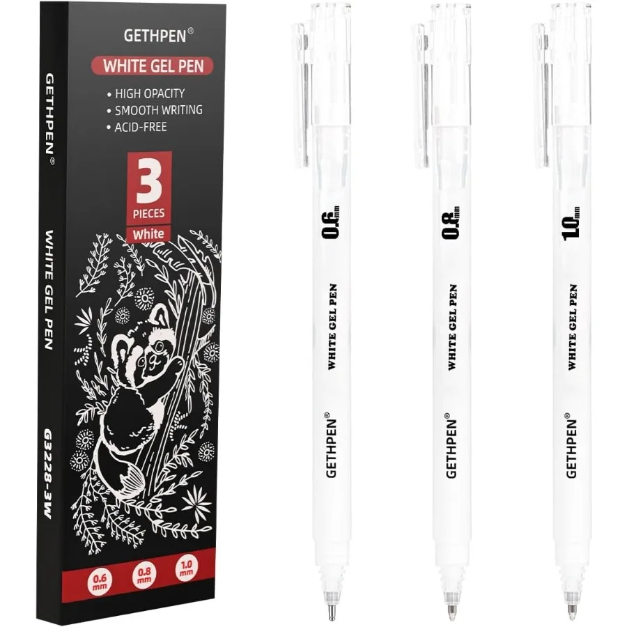 

White Gel Pens 3Pack 0.6 0.8 1.0mm Fine to Bold Tips for Jourling and Art Opaque Ink on Dark Paper Holiday Cards and DIY Gifts