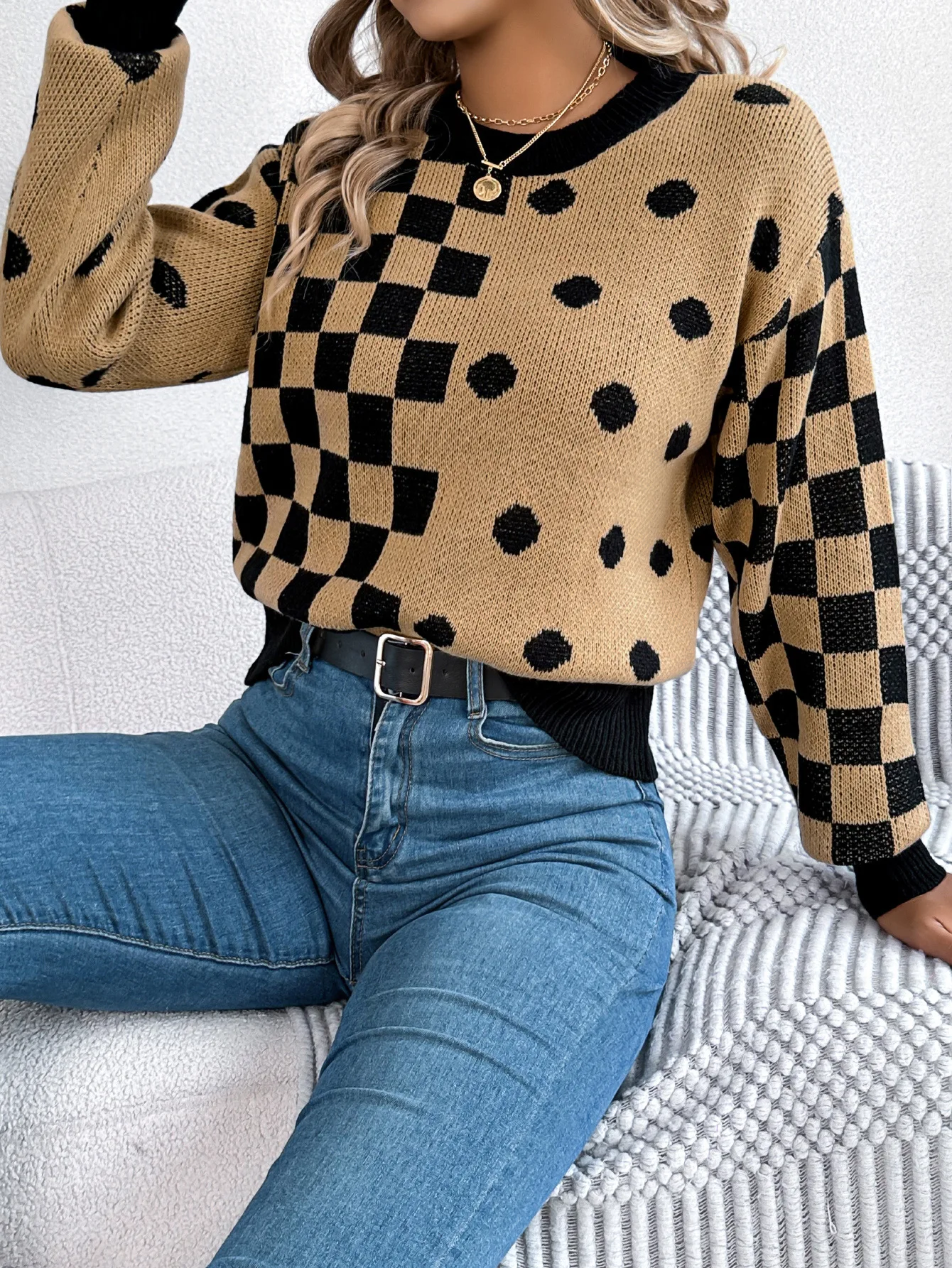 Sweater Polka Dot lengan lentera, 2024 Sweater Pullover lengan lentera kotak-kotak, warna kontras kasual musim gugur dan musim dingin