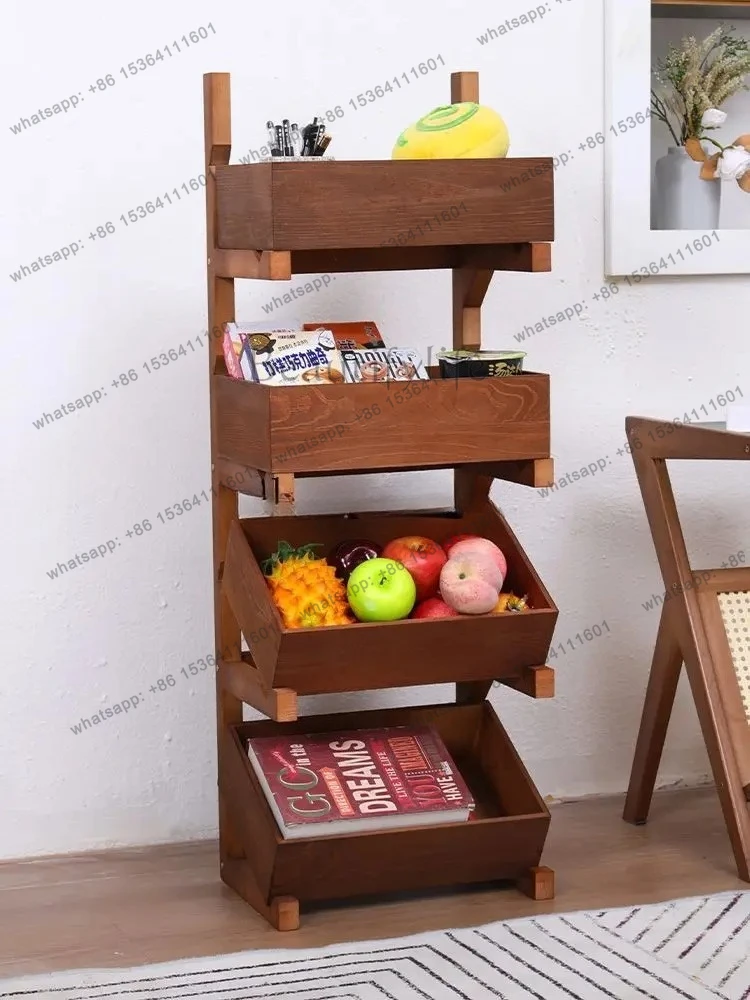 four-layer all-solid wood multi-layer floor-to-ceiling wooden storage rack three-layer living room display rack