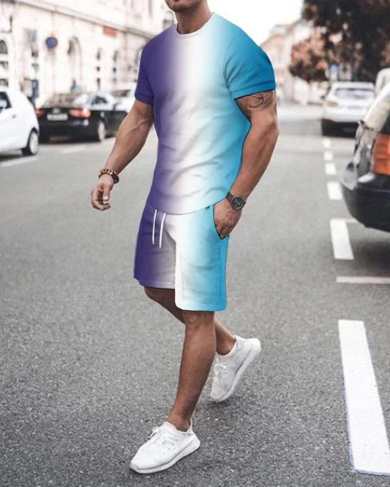 Sommer männer Anzug Farbverlauf Druck männer Kleidung 2 Stück Outfit von Sportswear Kurzarm Streetwear Fashion T-shirt set