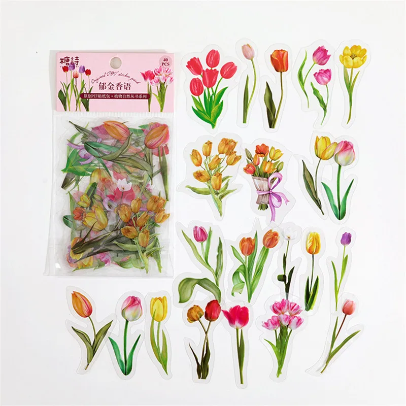 40 pcs/bag Plant Nature Flower Decorative PVC Sticker Scrapbooking diy Label Diary Stationery Album Journal Daisy mushroom Stick