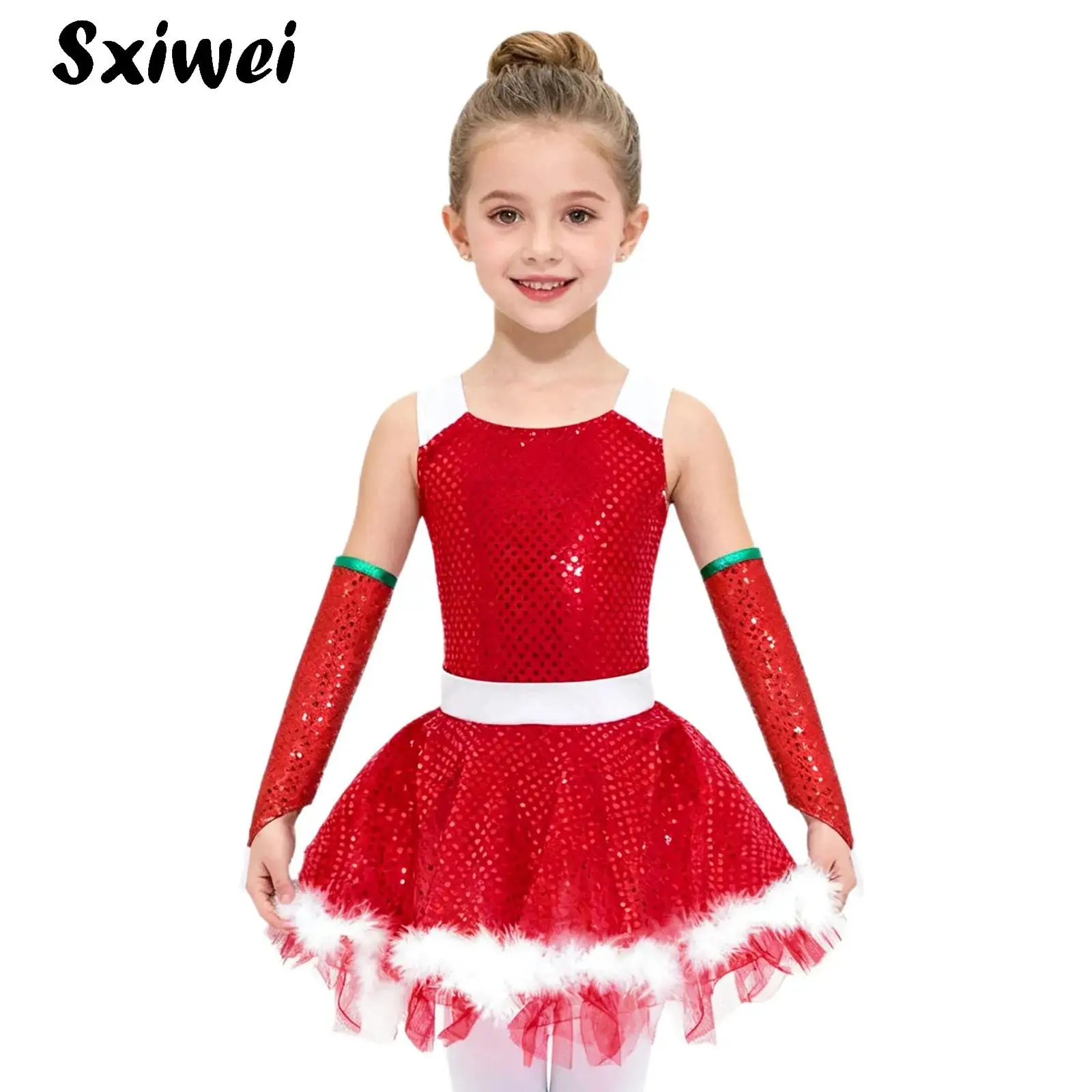 Girls Christmas Dance Costume Sleeveless Sequins Ballet Leotard Figure Skating Twirling Tutu Dress with Oversleeves Dance Set