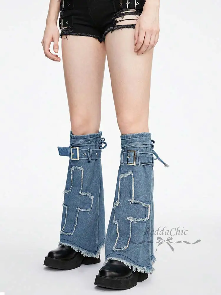 REDDACHiC Women's Flared Leg Warmers Cowgirl Cross Patches Knee Long Raw Hem Light Wash Denim Boots Cover Vintage Accessories