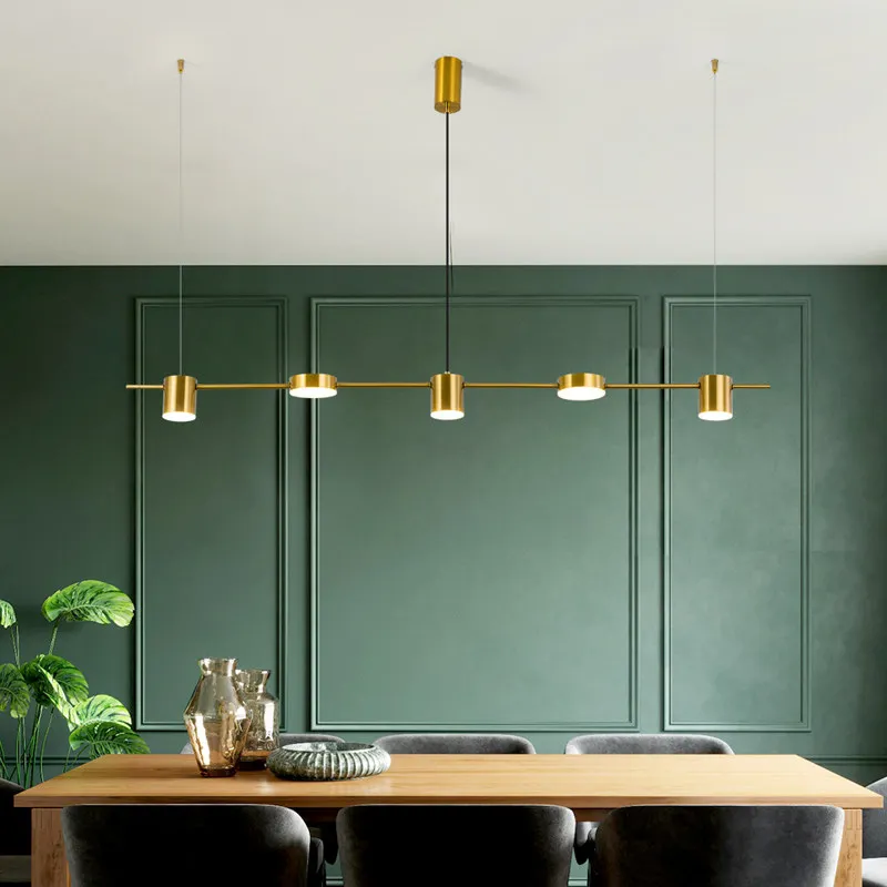 Contemporary Brass Linear LED Pendant Light 5 Light Adjustable Height Hanging Lamp Modern Ceiling Fixture for Dining Room