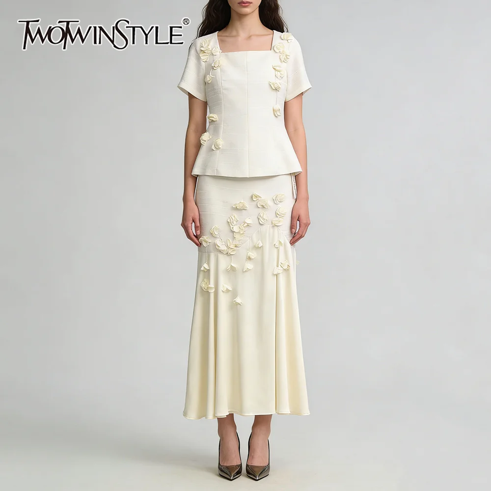 TWOTWINSTYLE Solid Spliced 3D Flower Two Piece Set for Women Square Neck Short Top High Waist Patchwork Ruched Skirts Set Female