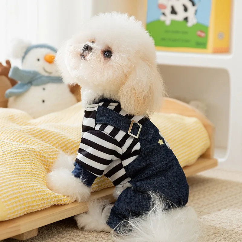 

Dog Cute Printed Denim Bib Pants Teddy Winter Four Legs Clothes Bichon Warm Jumpsuits Clothes Wholesale Pet Supplies