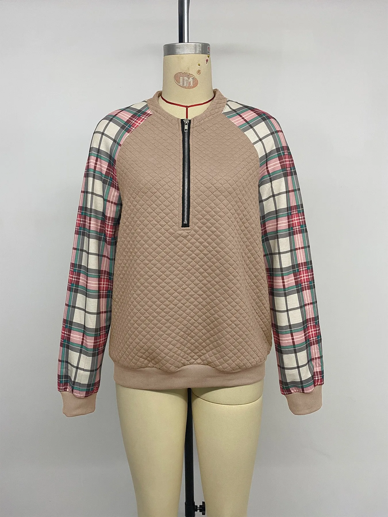 Plaid Patchwork Sweatshirt Loose Fit Literary Retro with Regular Length Autumn Striped Standard Thickness Crew Neck Women Hoodie