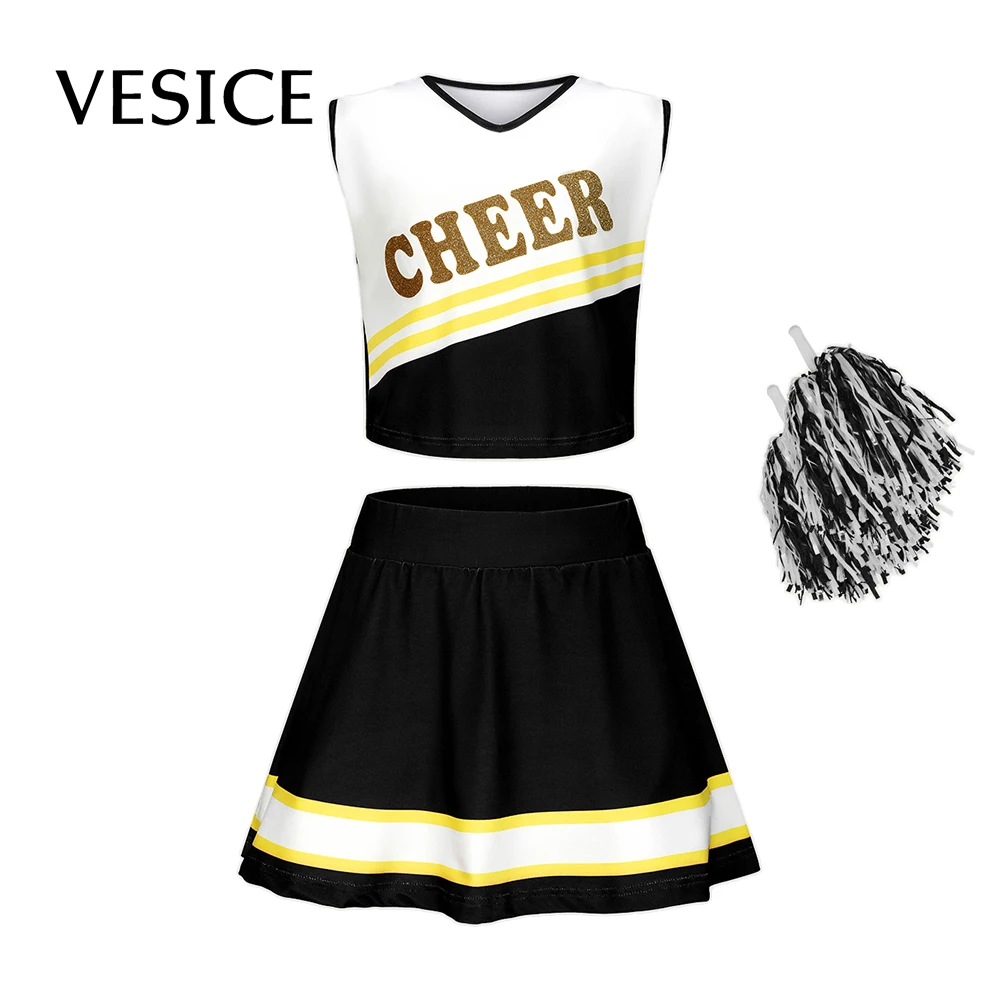 Girls Cheerleading Uniform Theme Party Schoolgirl Squad Role Play Cheerleader Costume Dance Outfit Letter Print Dress Child