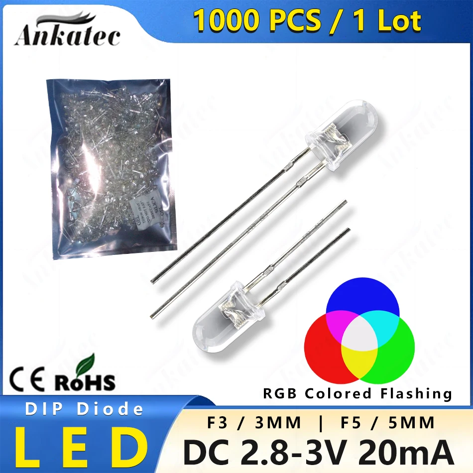 1000 pcs LED Emitting Flicker Light Diode DC 3V RGB Red Green Blue Multicolor Color Slow Change Fast Flash 2Pin inline DIP2 Lamp