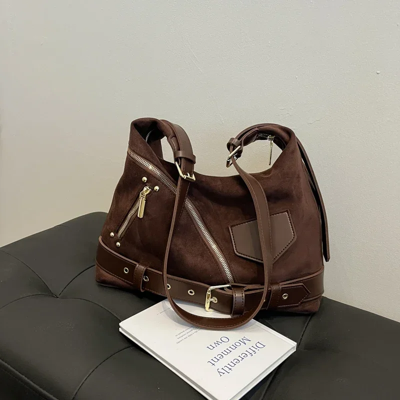 

Solid Color Faux Suede Zipper Shoulder Bags 2026 High Quality Simple Fashion Tote Bag Soft Soft Large Capacity Trendy Handbag