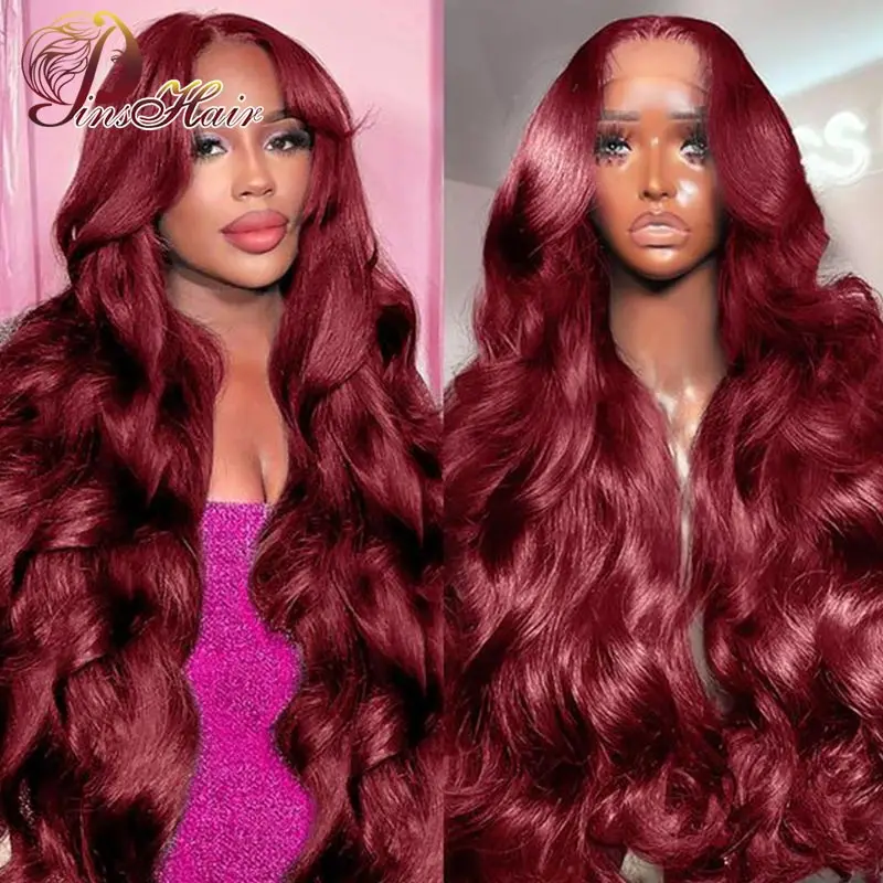 

Body Wave Dark Burgundy 13×4 Lace Frontal Wig Pre-Plucked Natural Hairline 99J Remy Transparent Lace Front 100% Human Hair Wigs