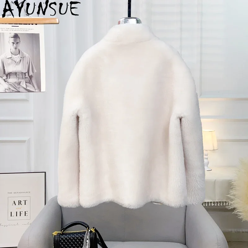 AYUNSUE 100% Wool Coats for Women 2023 Fall Winter Fashion Sheep Shearing Jacket Stand Collar Fur Coats Chaquetas Para Mujeres